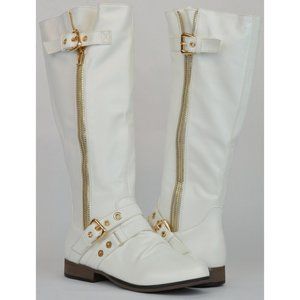 Women Combat Low Knee High Boots Golden Zipper And Buckle Decor White